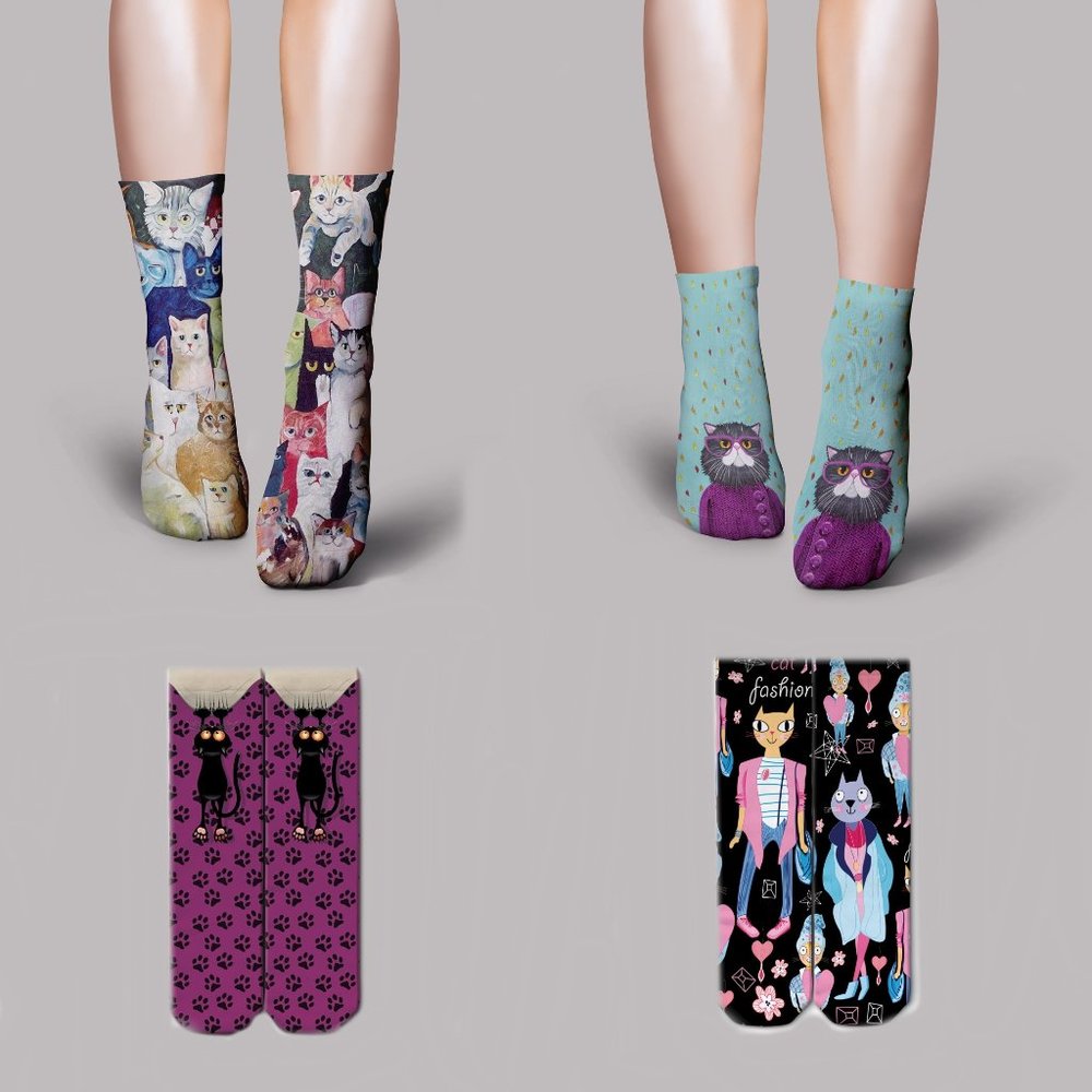 Cat Socks - 4 Pairs with Different Designs - Picture 1 of 1